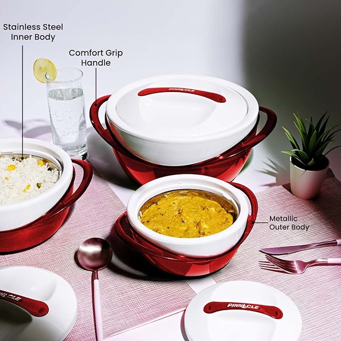 Pinnacle Panache Inner Stainless Steel Casserole Set of 3 | 600 ml, 1200 ml, 2500 ml | Hot Box | Roti Box | Ideal as Serving Bowl | Teal (Red) Pinnacle Panache Inner Stainless Steel Casserole Set of 3 | 600 ml, 1200 ml, 2500 ml | Hot Box | Roti Box | Ideal as Serving Bowl | Teal (Red)